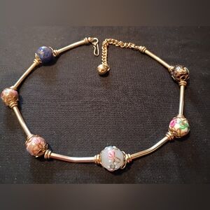 Vintage Venetian Murano Lampwork Glass Bead Necklace with Floral motifs.